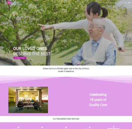 Adare Care website: garden hero photo of a carer and resident with the headline Our loved ones deserve the best, above a purple band celebrating 18 years of care