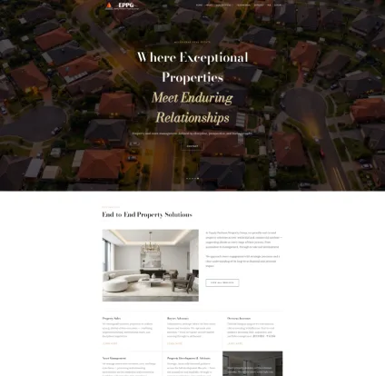 Equity Partners Property Group website: aerial suburb photo with the gold serif headline Where exceptional properties meet enduring relationships