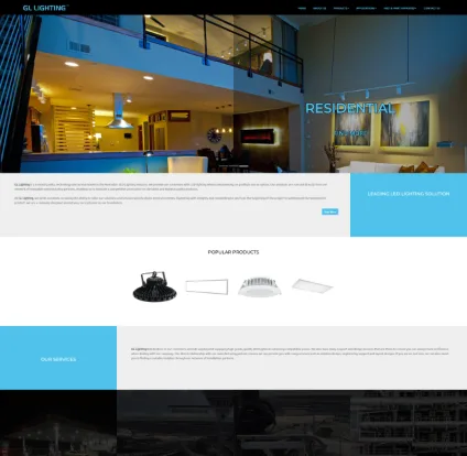GL Lighting website: residential interior hero, blue leading LED lighting solution panel and popular products row